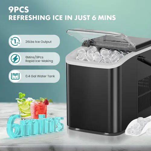 Miniatura 5 de OLIXIS Máquina para hacer hielo con asa, 26 libras en 24 horas, 9 cubitos de hielo en 6 minutos, máquina de hielo portátil de autolimpieza con cesta