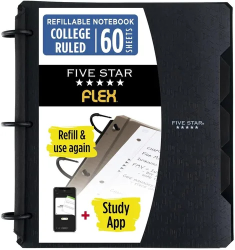 Five Star Flex - Cuaderno recargable + aplicación de estudio, papel rayado universitario y carpeta de anillos TechLock de 1 pulgada con bolsillos,