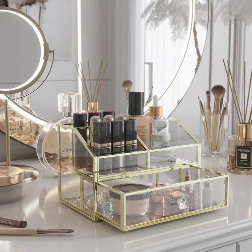 Miniatura 3 de FSyueyun Organizador de maquillaje para tocador, organizador de cajones de vidrio transparente, vitrina de exhibición de joyas, almacenamiento