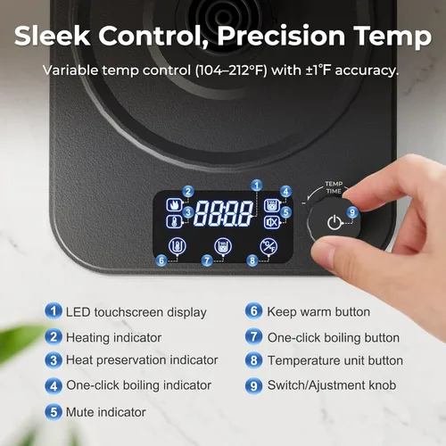Miniatura 2 de Hervidor eléctrico de cuello de cisne, control de precisión de ±1 °F, ajuste de altitud inteligente, mantiene el calor 24 horas, memoria automática
