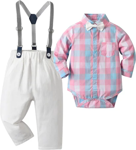 Miniatura 8 de Conjunto de pantalones para bebé, camisa de manga larga + pantalones + corbatín + tirantes, trajes de caballero para niños pequeños