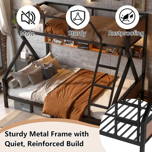 Miniatura 6 de Bellemave Litera individual XL sobre Queen con estantes, literas de metal con escaleras y luces, litera resistente para dormitorios, habitaciones