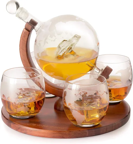 Miniatura 10 de Decantador del mundo grabado con globo de whisky, juego de regalo de whisky The Wine Savant con avión antiguo, piedras de whisky y 4 vasos de mapa