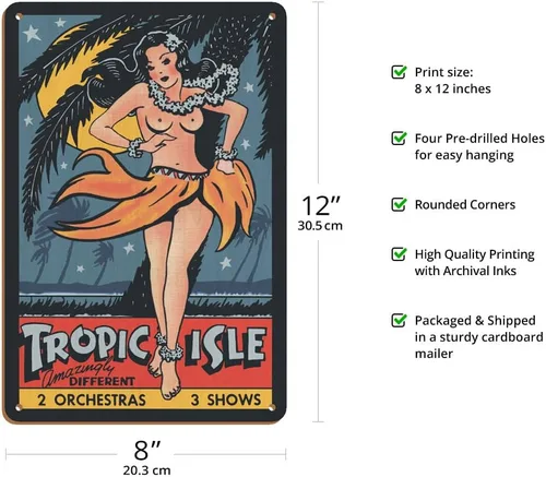 Miniatura 2 de Tropic Isle - Hawaiian Hula Dancer - Pin Up Girl - Póster de teatro vintage c.1940s - Cartel artístico de madera vintage de 8 x 12 pulgadas