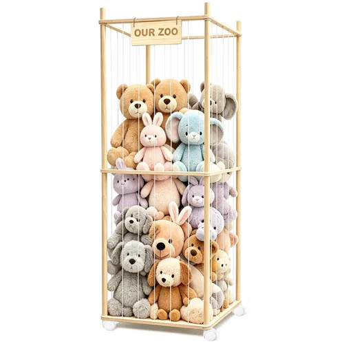 Miniatura 8 de Almacenamiento de animales de peluche, bonito soporte de madera para juguetes de zoológico con ruedas de freno, organizador de juguetes de ahorro