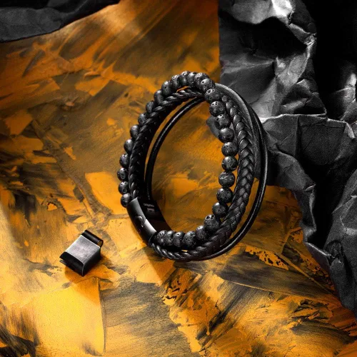 Miniatura 6 de Speroto - Pulsera para hombre de cuero trenzado con cuentas de lava y ónix