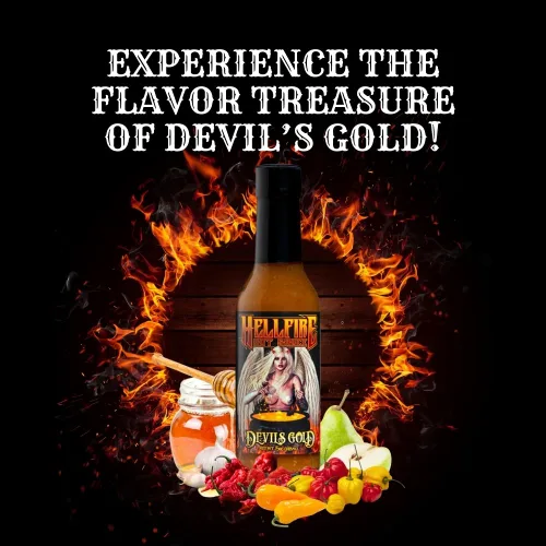 Miniatura 5 de Salsa picante Hellfire Devil's Gold, galardonada con múltiples premios, salsa picante gourmet a base de frutas, cuenta con pimientos amarillos súper