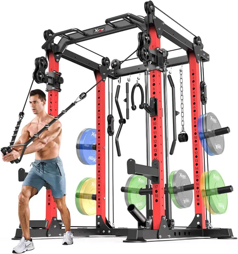 Miniatura 25 de Power Rack Power Cage Rack multifunción para sentadillas con sistema cruzado de cable seleccionable más accesorio de entrenamiento para garaje