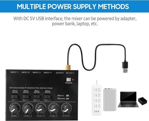 Miniatura 6 de Mezclador estéreo de línea de 4 canales de ruido ultra bajo 4 entradas 1 salida DC 5V mini mezclador de audio portátil micrófono guitarra bajo