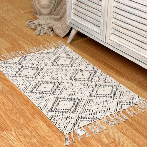 Miniatura 8 de Chardin home Alfombra bohemia con diamantes de 20 x 32 pulgadas, color marfil y negro, con flecos tejidos a mano, perfecta para entrada, felpudo