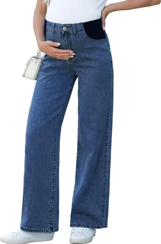 BLENCOT Vaqueros de maternidad para mujer de cintura alta con pierna recta, pantalones de embarazo de mezclilla con bolsillos