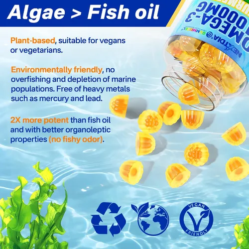 Miniatura 7 de Gomitas omega-3 + cúrcuma, alternativa de aceite de pescado Omega 3 para adultos, algas DHA de 600 mg y EPA 300 mg, vitaminas A, C, E, zinc y MSM