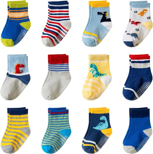 Miniatura 10 de Calcetines con Agarre Antideslizante para Niños Pequeños Calcetines de Tripulación de Algodón Anti Resbalón para Bebés Niños y Niñas 12 Pares