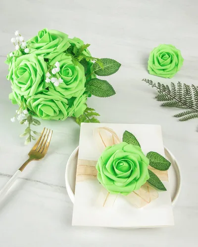Miniatura 7 de DuHouse 25 rosas artificiales con tallos, flores de espuma de tacto real para bricolaje, ramo de boda, fiesta, centro de mesa, arreglo floral, Verde