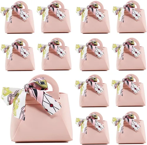 Miniatura 14 de LPEIEB Paquete de 12 Bolsas de Regalo Tipo Candy Bag de Cuero con Cinta, Bolsas de Regalo de Boda de PU con Asa de Cinta, Cajas de Favor de Fiesta