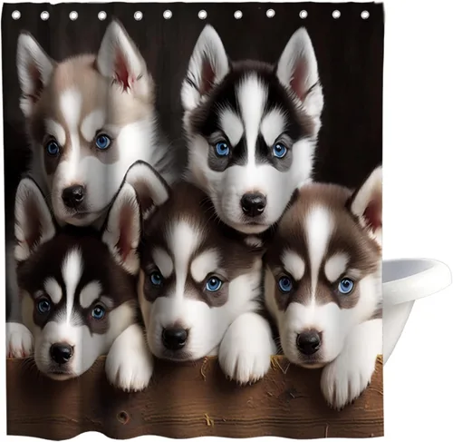 Bonita cortina de ducha de perro, divertida y encantadora mascota, diseño de perros husky, cachorros, familia, niños, juego de decoración de baño