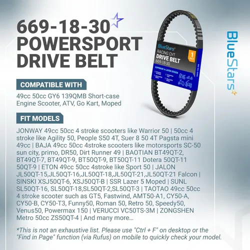 Miniatura 4 de BlueStars 669-18-30 Correa de transmisión Racing CVT - Compatible con motores 49cc 50cc GY6 139QMB de caja corta para ciclomotor, ATV, Go Kart