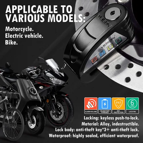 Miniatura 3 de Cerraduras de motocicleta sistema de alarma antirrobo de 130 db, candado de disco candado de rueda resistente antirrobo, candado de seguridad