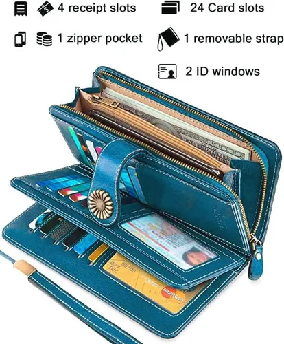 Miniatura 3 de Large Capacity RFID Blocking Genuine Leather Wallets for Women with Wristlet Trifold Ladies Billfold with Zipper by UMODE