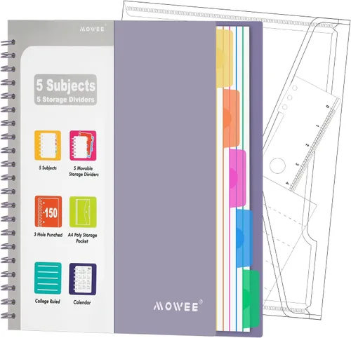 Miniatura 10 de Cuaderno de 5 materias – Cuaderno de espiral, cuaderno de rayas universitarias con bolsillo divisor, pestañas, regla de 11 pulgadas, 200 páginas