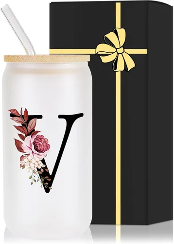 Miniatura 29 de Vaso de vidrio con monograma con tapa de bambú, popote personalizado, vaso de café helado de 16 onzas, tarro transparente de masón, cerveza, agua