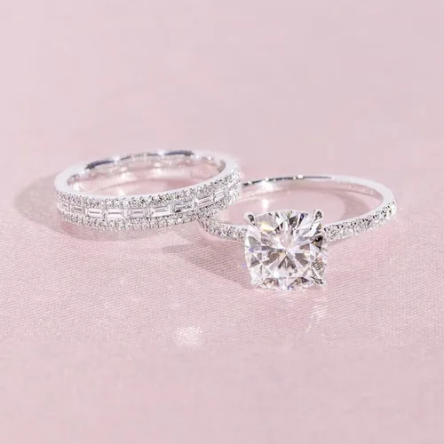 Miniatura 2 de Juego de 2 anillos de diamantes para parejas, juego de anillos de diamantes con microincrustaciones de lujo, joyería de compromiso para mujer