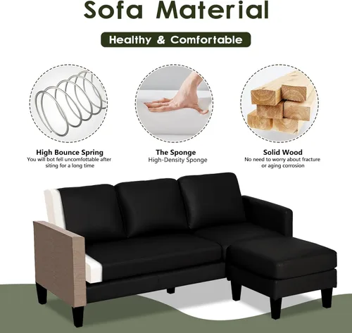 Miniatura 4 de Sofá modular convertible de cuero en forma de L con diván reversible, moderno sofá modular de 3 plazas para sala de estar, espacios pequeños