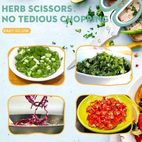 Miniatura 6 de Tijeras de hierbas con 5 cuchillas y cubierta, cortador de hierbas de cocina con peine de limpieza, tijeras de hierbas de acero inoxidable para Azul