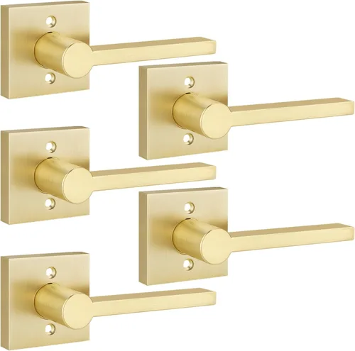 Miniatura 24 de EHOMEWARE Juego de manijas de puerta delantera doradas, palanca de puerta cuadrada resistente de latón y cerrojo de un solo cilindro reversible