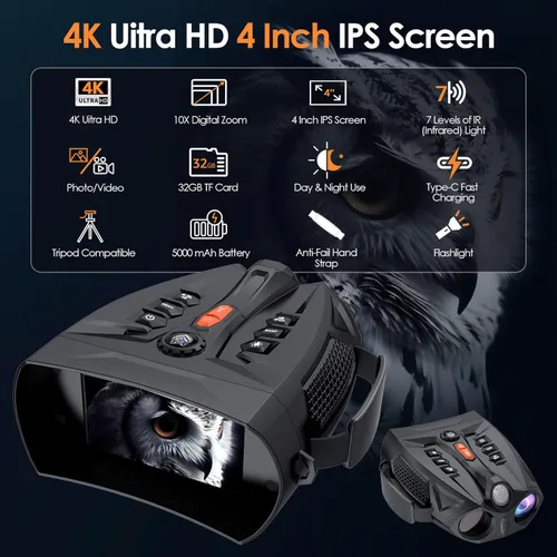 Miniatura 2 de Binoculares de visión nocturna, gafas de visión nocturna 4K para adultos con 7 niveles de IR, batería recargable de 5000 mAh, tarjeta TF de 32 GB