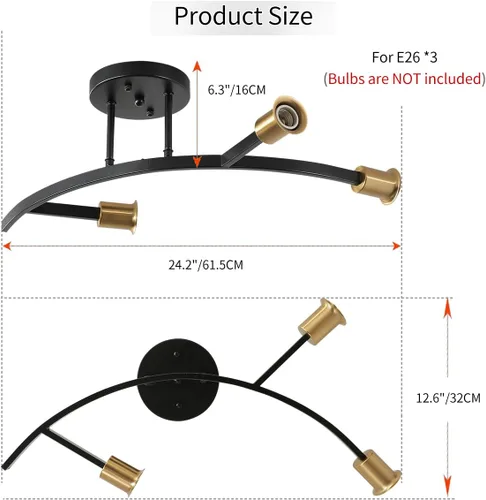 Miniatura 3 de Lámpara de Araña Sputnik Moderna Negra y Dorada de 3 Luces Semi Empotrada Luminaria de Techo para Entrada, Pasillo, Cocina, Dormitorio