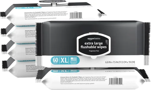 Amazon Basics Toallitas desechables extra grandes, 360 toallitas (6 paquetes de 60), toallitas húmedas para adultos y cierre hermético