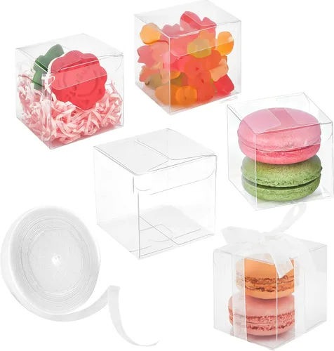 Paquete de 100 cajas de regalo transparentes de 2 x 2 x 2 pulgadas con cintas, mini cajas transparentes para dulces y bombas de chocolate, caja de