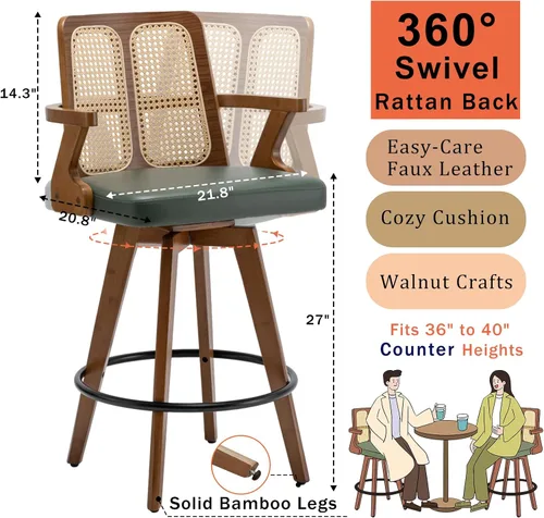 Miniatura 2 de Juego de 2 Taburetes de Mostrador - Taburetes Giratorios de 27 Pulgadas con Respaldo de Ratán, Brazos Curvos, Asiento Tapizado, Patas de Bambú Nogal