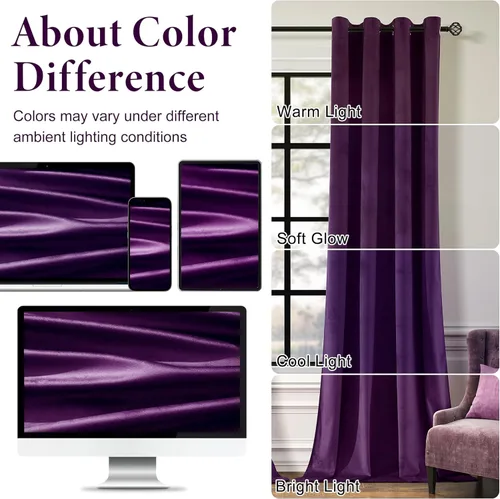 Miniatura 7 de Cortinas opacas de terciopelo morado oscuro de 108 pulgadas de largo, con ojales, para dormitorio, bloqueo de luz, aislamiento térmico, juego de 2