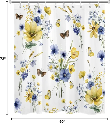 Miniatura 8 de HVEST Cortina de ducha floral de granja con ganchos, flor azul y amarilla y mariposa sobre blanco, cortina de ducha para baño, juego de cortinas