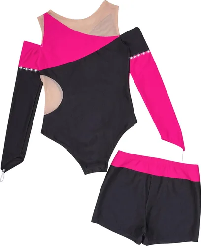 Miniatura 6 de JEATHA Conjunto de 2 piezas de leotardo de gimnasia de manga larga con hombros descubiertos y pantalones cortos atléticos para niñas