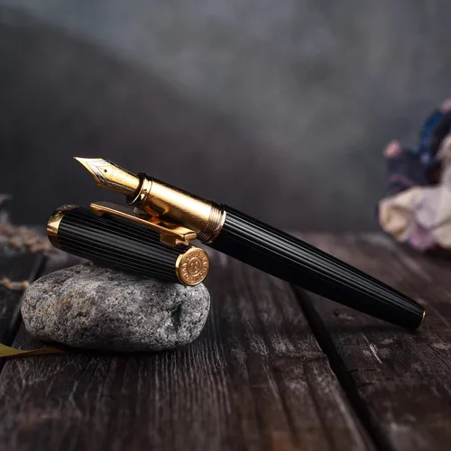 Miniatura 4 de Hongdian 1845 - Pluma estilográfica de punta extrafina, color negro a rayas doradas, instrumento de escritura sólido con estuche para bolígrafo