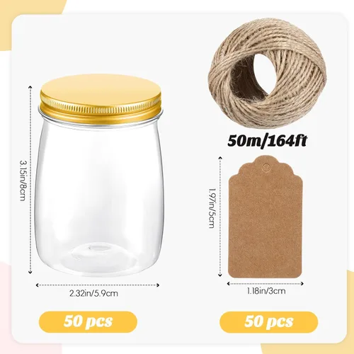 Miniatura 2 de Nitial Paquete de 50 tarros de plástico de 5 onzas con tapas, recipientes de yogur a granel con tapas, tarros de regalo con cordel de bricolaje