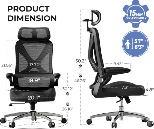 Miniatura 2 de Silla de oficina ergonómica con reposacabezas, soporte lumbar, reposabrazos abatibles, asiento de espuma viscoelástica gruesa, capacidad de 350