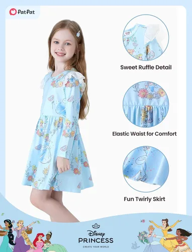Miniatura 4 de Disney - Vestido de princesa de Frozen, Elsa, Minnie, Mickey, Stitch, con mangas con volantes, acampanado, manga larga, ropa para niños, de bebé a