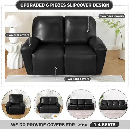Miniatura 4 de Vctops - Funda elástica de 6 piezas para sofá biplaza reclinable, de cuero sintético impermeable, protector de muebles antideslizante con borde Negro