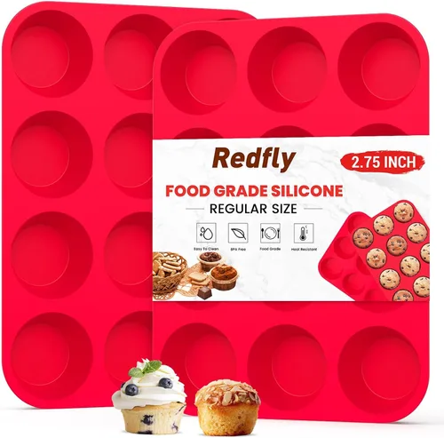 Redfly Juego de 2 moldes de silicona para magdalenas y moldes para cupcakes para hornear - 12 tazas de tamaño regular libres de BPA para huevos