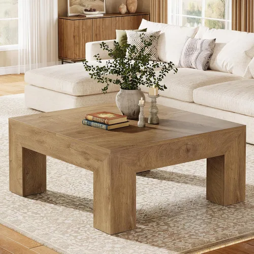 Miniatura 9 de Tribesigns Mesa auxiliar cuadrada de 39.4 pulgadas para sala de estar, mesa de cóctel central de decoración de granja con patas de madera