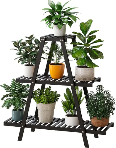 Soporte de bambú para plantas interior/exterior, 3 niveles, negro, rectangular, 8 macetas para flores, estante para plantas