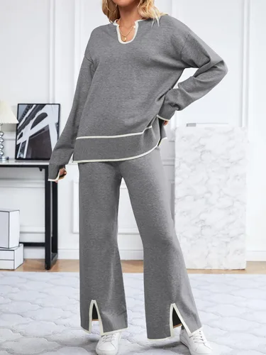 Miniatura 2 de SuperPrity Conjunto de 2 piezas de suéter para mujer, con cuello de muesca, manga larga, suéter de punto y pierna ancha