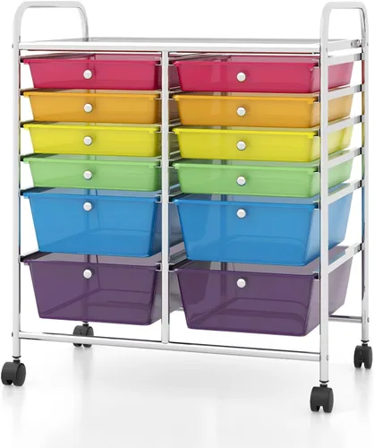 Miniatura 12 de COSTWAY Carrito de almacenamiento rodante con 4 cajones, carrito de almacenamiento de plástico y organizador con 4 cajones extraíbles, carrito