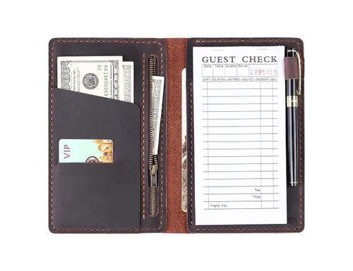 Libreta organizadora para meseros con bolsillo con cremallera, tarjetero para restaurante de piel genuina para meseras, accesorios para meseros que