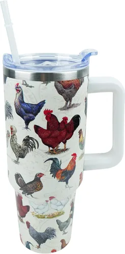 Miniatura 11 de Vaso de 40 onzas con asa y tapa con popote a prueba de fugas, diseño de pollo y gallo, taza de viaje de café con asa aislada para bebidas frías