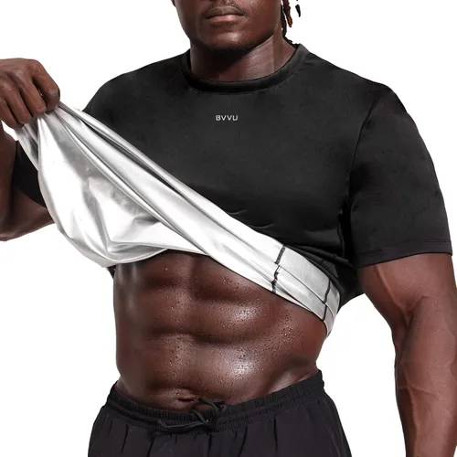 BVVU Traje de sauna para hombre, chaleco de camisa de sauna, chaleco de entrenamiento, manga corta, chaqueta de cuerpo superior, moldeador de cuerpo